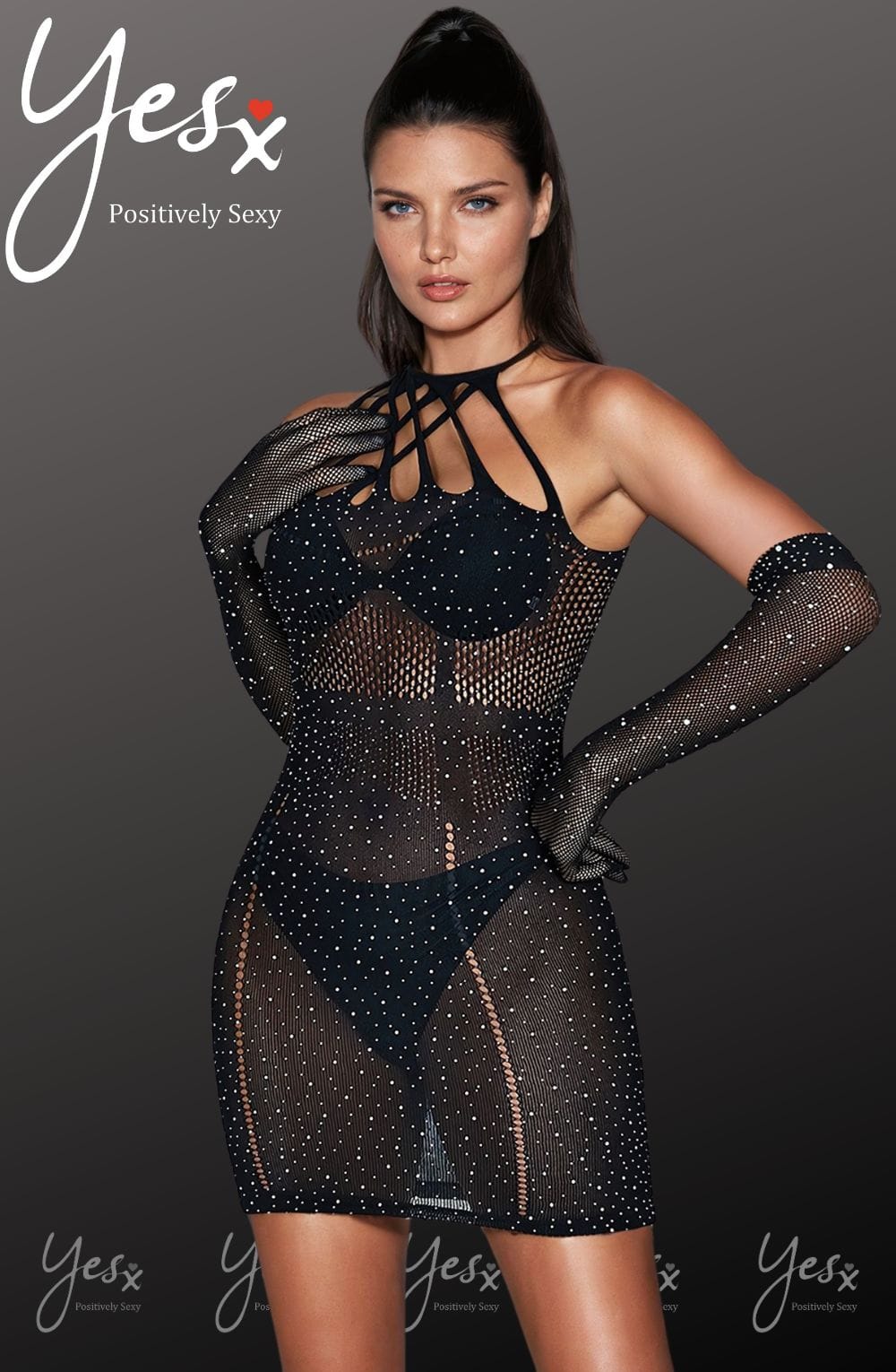 YesX Halter Neckline Sparkle Rhinestone Fishnet Erotic Sheer Dress Black