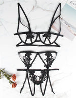 YesX Embroidered Strappy Cut Out 3 Piece Bra, Thong & Garter Lingerie Set