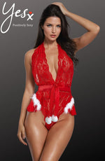 YesX Christmas Lace Halter Neck Teddy Red