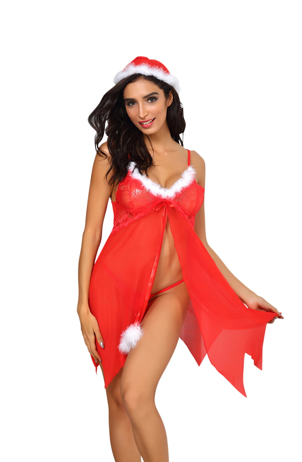 YesX 3 Piece Red/White Hat, Babydoll & Thong