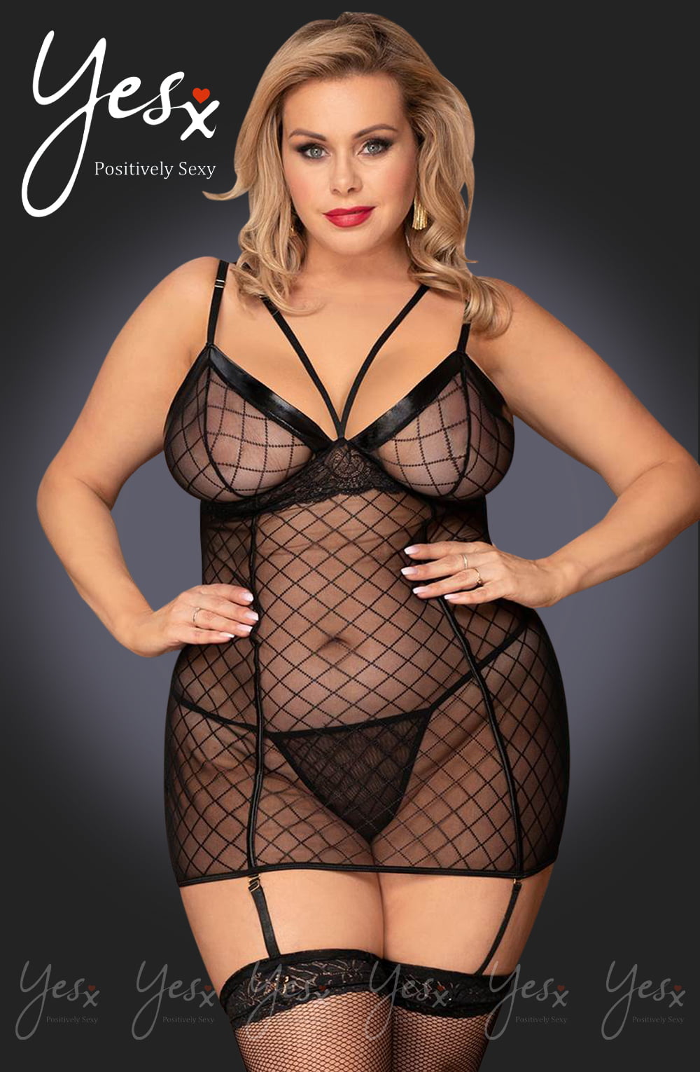 YesX Plus Size Black Wet Look & Lace Fishnet Chemise