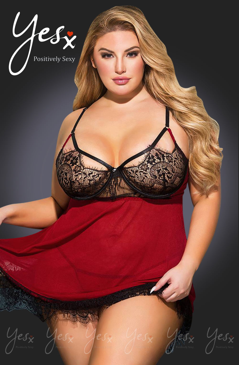 YesX Black Lace Bust Red Babydoll Plus Size Lingerie Set