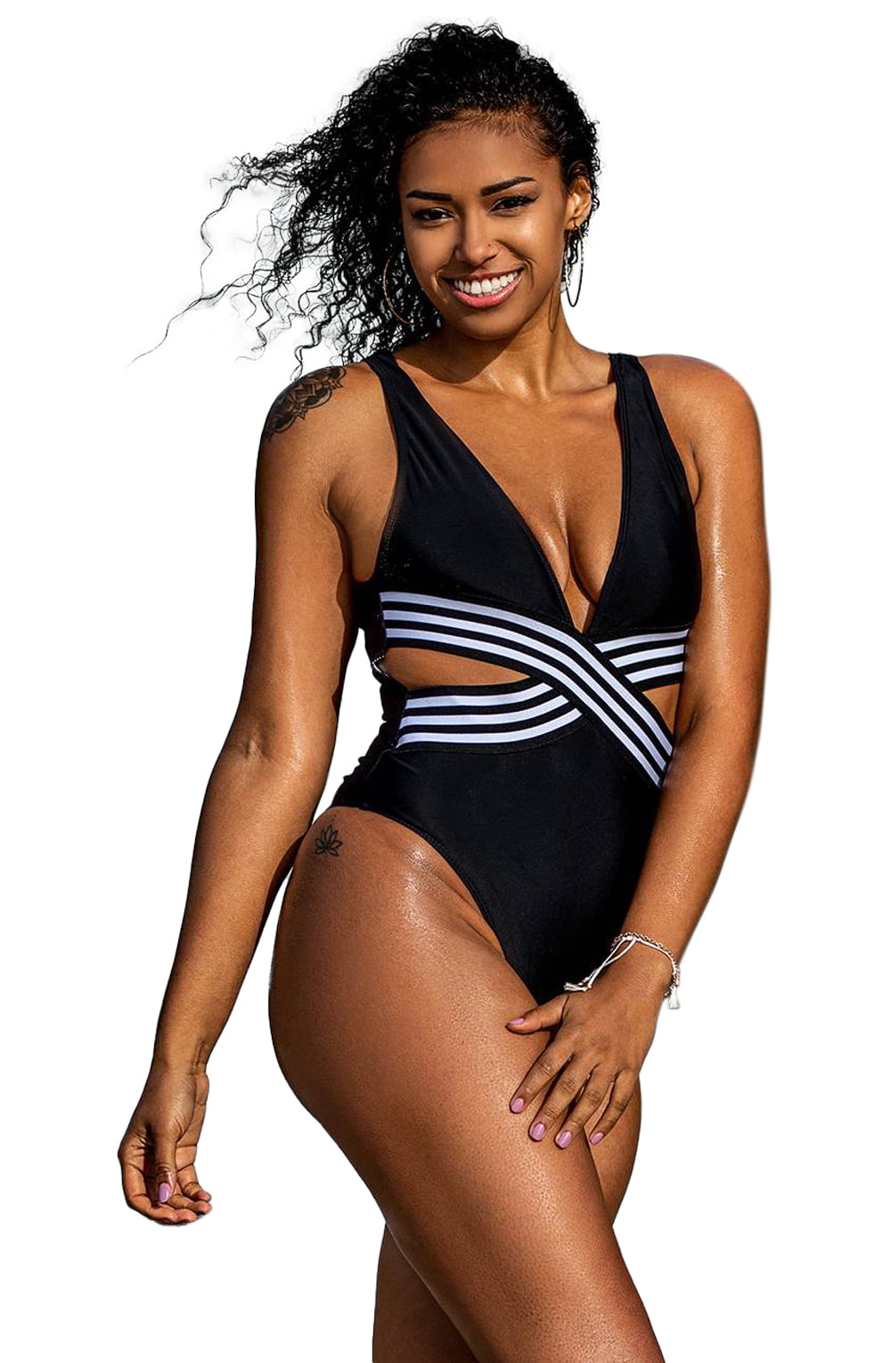 YesX Plunge Cut Out One Piece Swimsuit Black