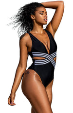 YesX Plunge Cut Out One Piece Swimsuit Black