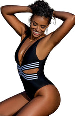 YesX Plunge Cut Out One Piece Swimsuit Black