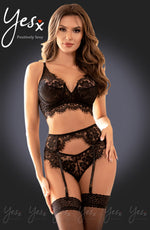 YesX Eyelet Lace Trim Three Piece Lingerie Set Black