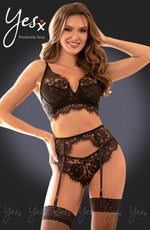 YesX Eyelet Lace Trim Three Piece Lingerie Set Black