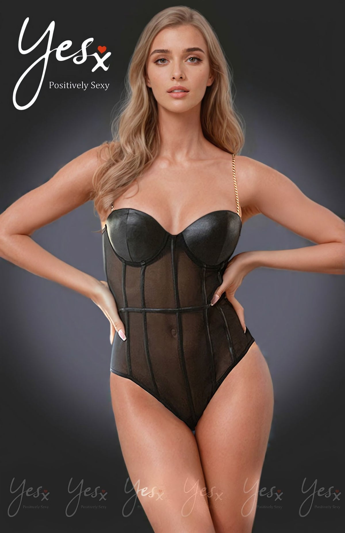 YesX Gold Chain Straps Sheer Bodysuit Black