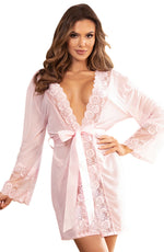 YesX Sheer Lace Trim Satin Belt Dressing Gown Pale Pink