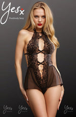 YesX Open Front Deep V Lace Tulle Teddy Black