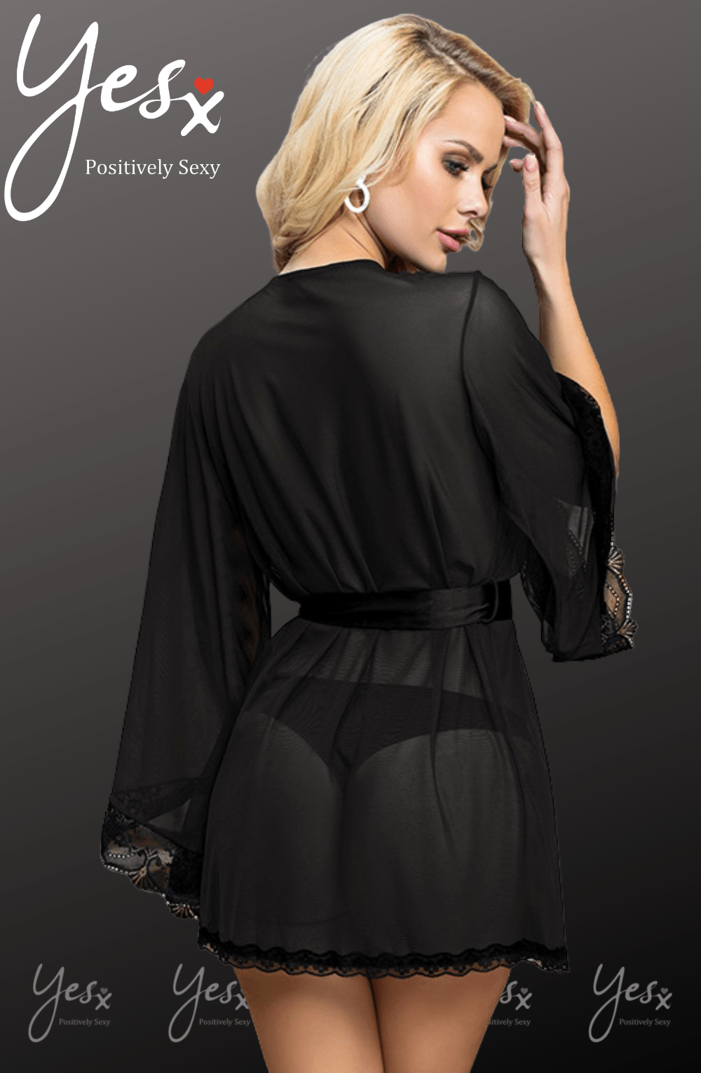 YesX Lace Edge Sheer Dressing Gown Black