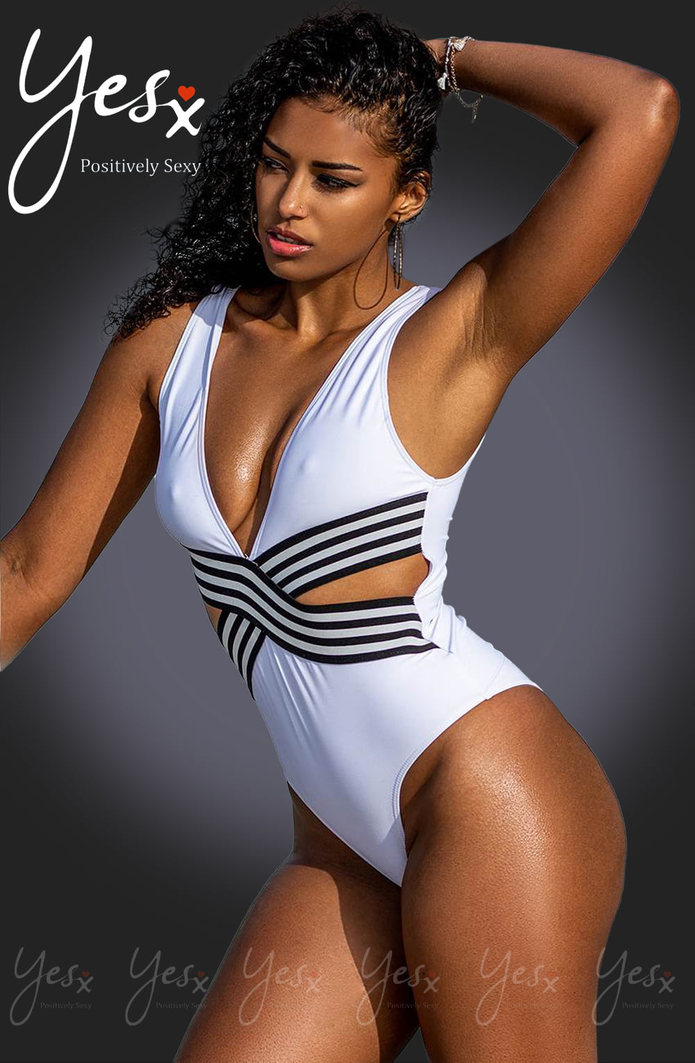 YesX One Piece Cut Out Swimsuit White & Black Detail