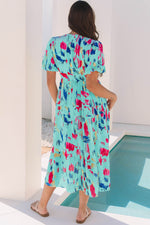 Abstract Print Short Puff Sleeve Tiered Maxi Dress