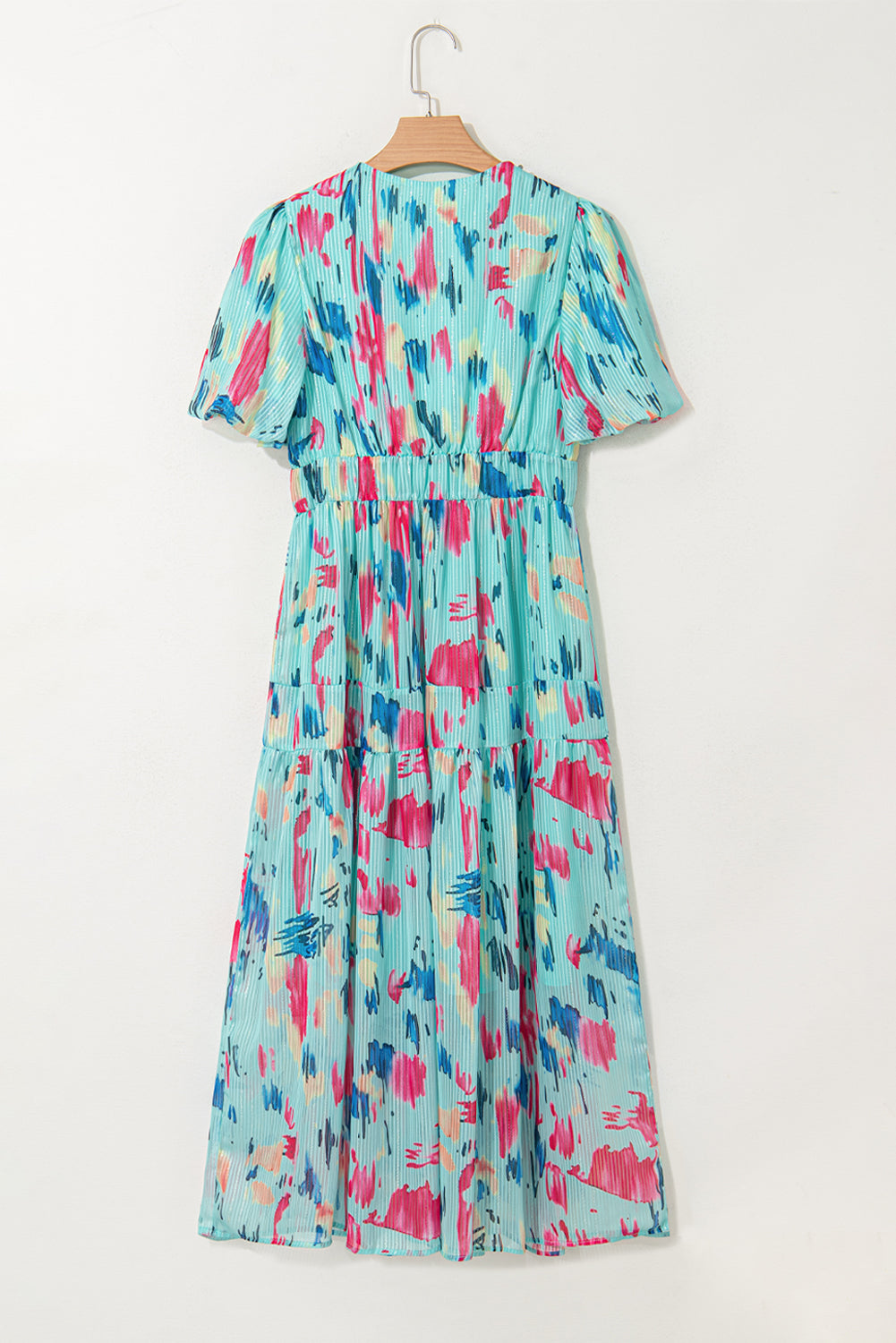 Abstract Print Short Puff Sleeve Tiered Maxi Dress