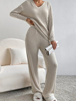 Ribbed Knit V-Neck Top and Pants Loungewear Set