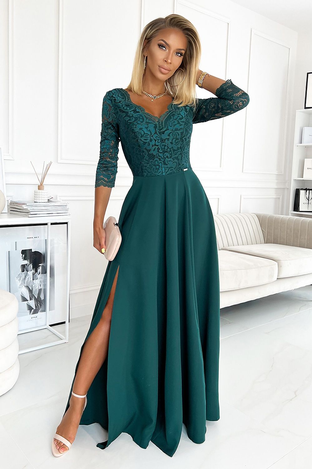 Numoco Amber Long Maxi Occasion Lace Top Dress | 10 Colours green