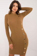 AT Knitted Half-Turtleneck Pencil Daydress with Decorative Buttons brown