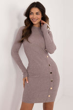AT Knitted Half-Turtleneck Pencil Daydress with Decorative Buttons beige