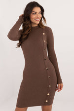 AT Knitted Half-Turtleneck Pencil Daydress with Decorative Buttons brown 3