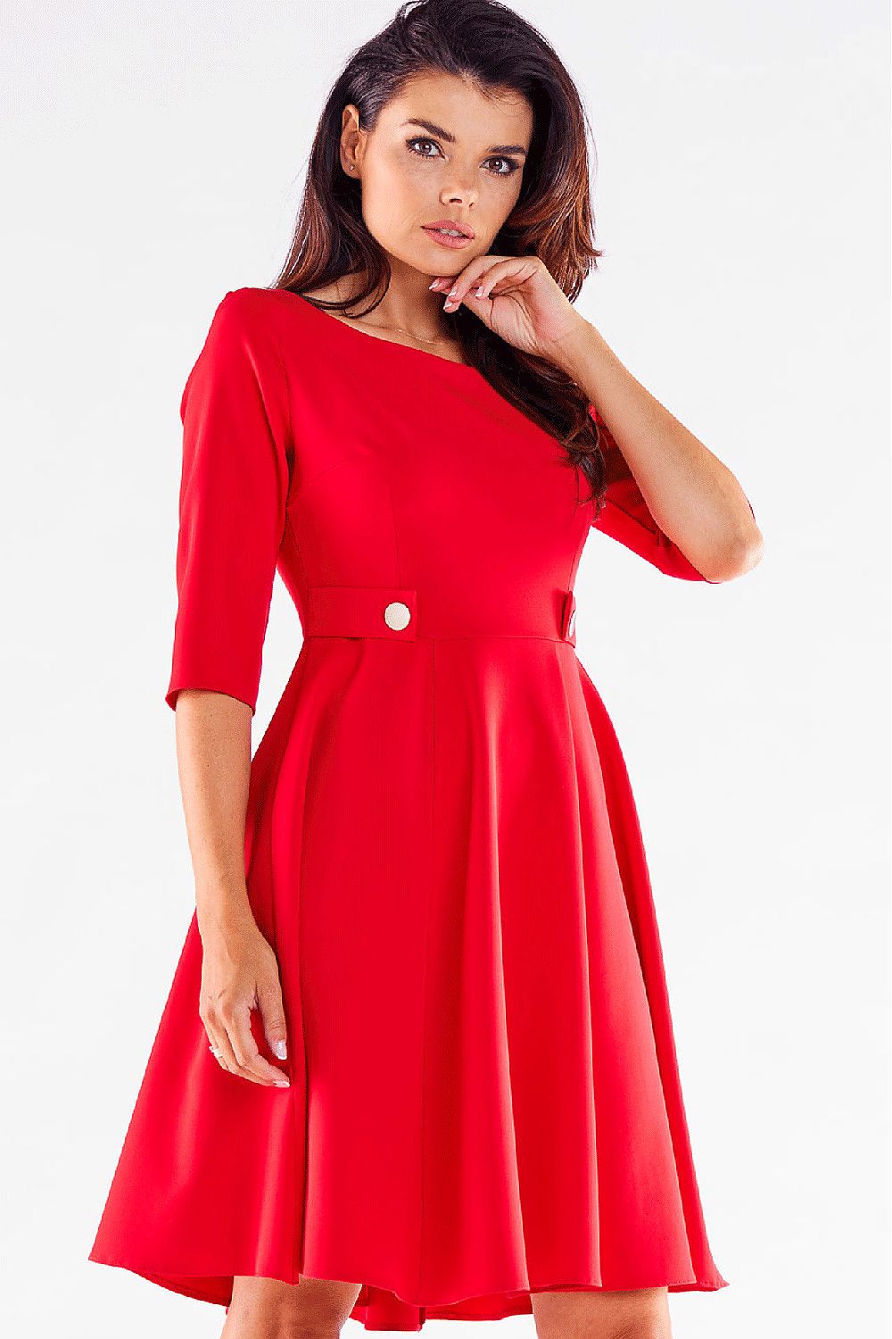 Awama Blushed Short-Sleeve Flared Daydress with Decorative Buttons red