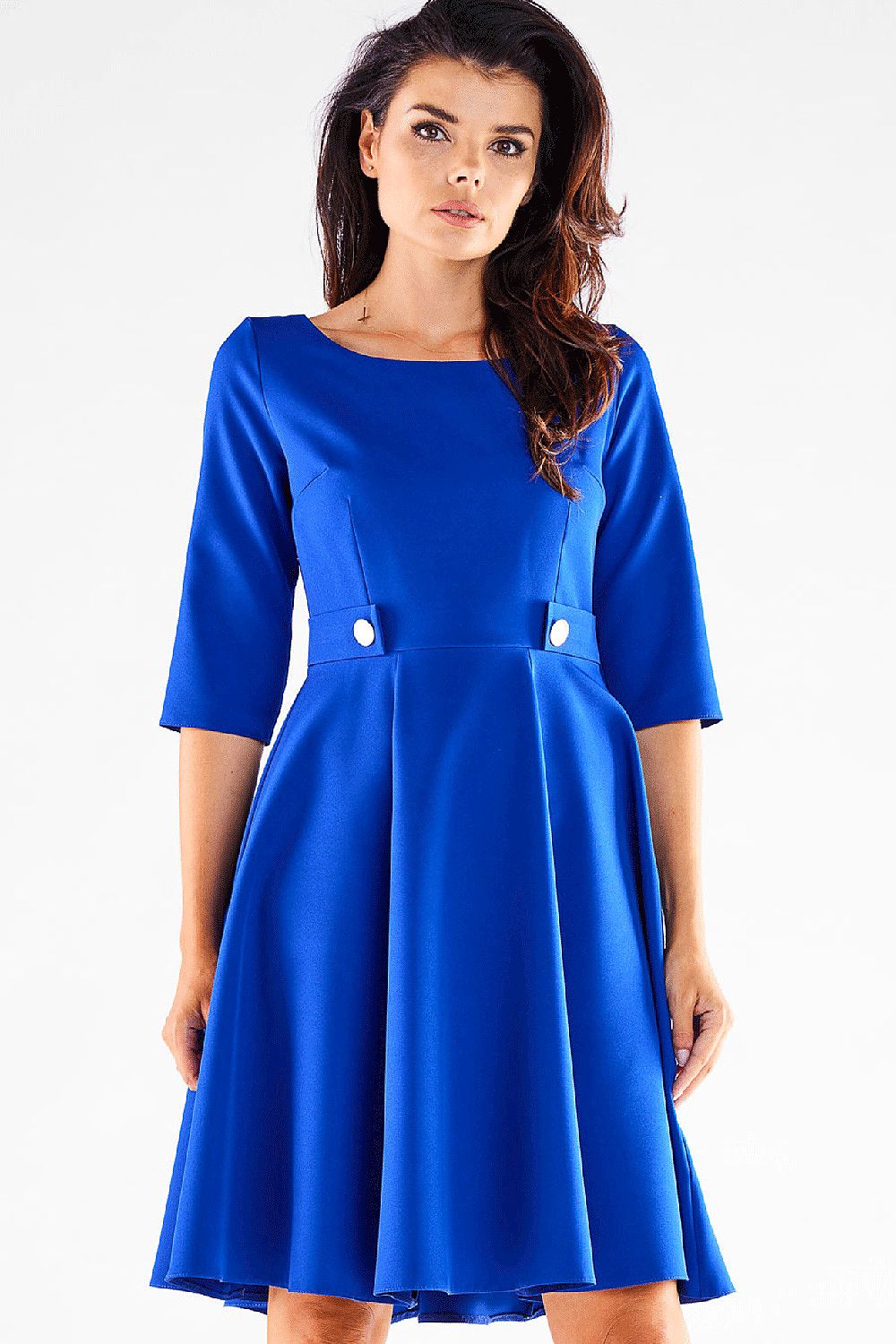 Awama Blushed Short-Sleeve Flared Daydress with Decorative Buttons blue