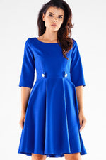 Awama Blushed Short-Sleeve Flared Daydress with Decorative Buttons blue