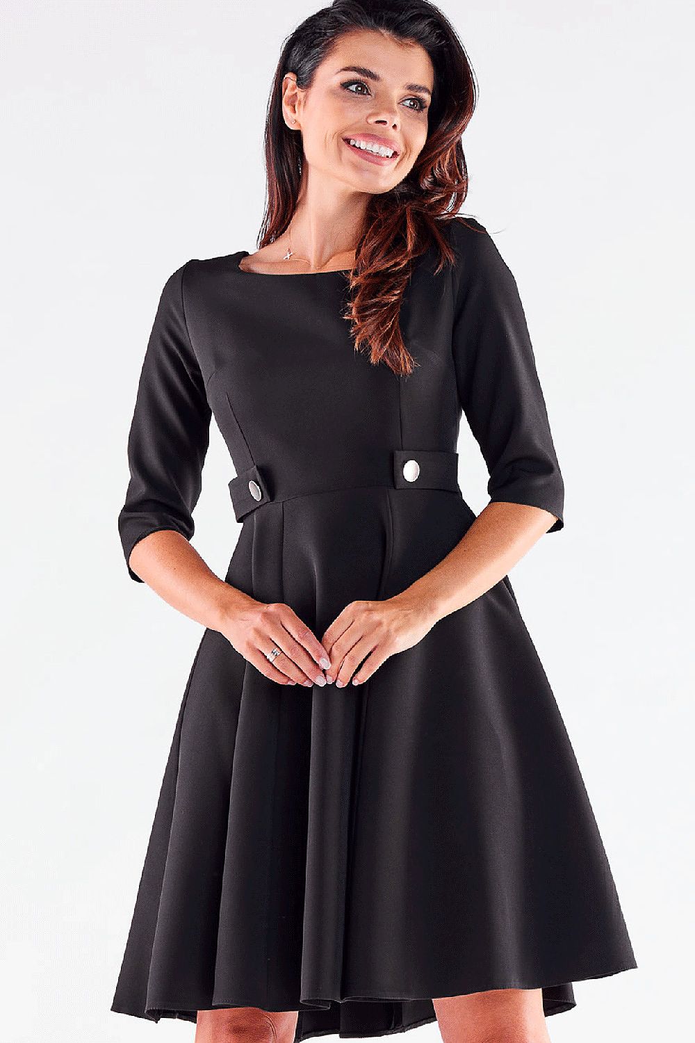 Awama Blushed Short-Sleeve Flared Daydress with Decorative Buttons black 2