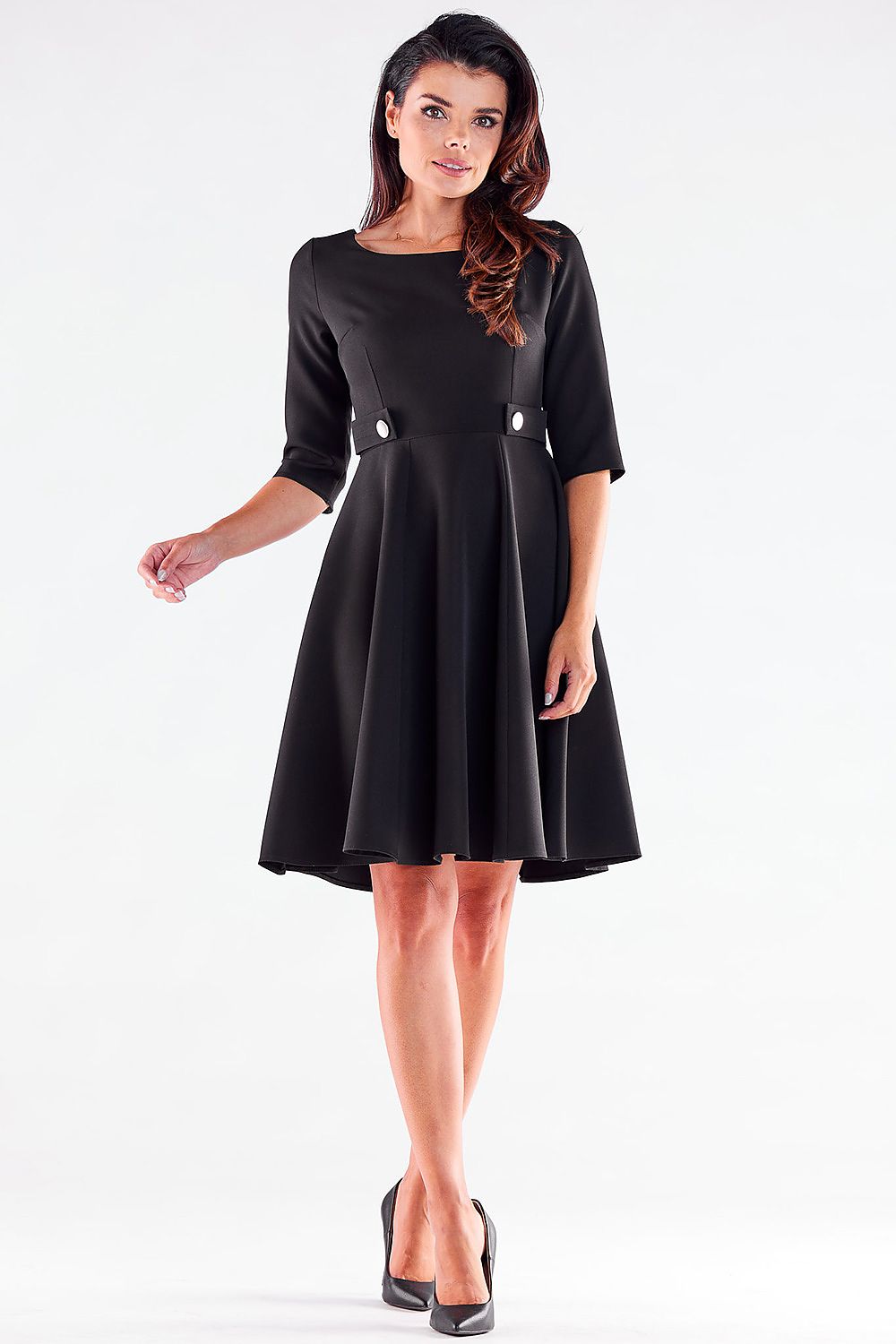 Awama Blushed Short-Sleeve Flared Daydress with Decorative Buttons