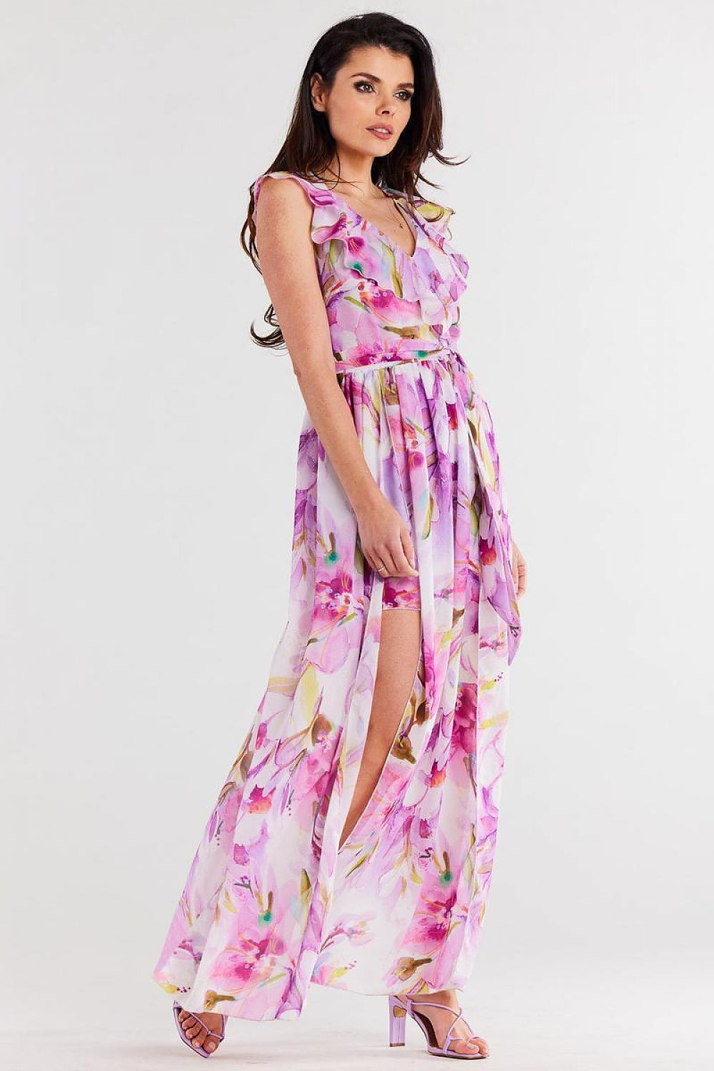 Awama Chiffon Daydress with Envelope Ruffle and Asymmetrical Slit Design
