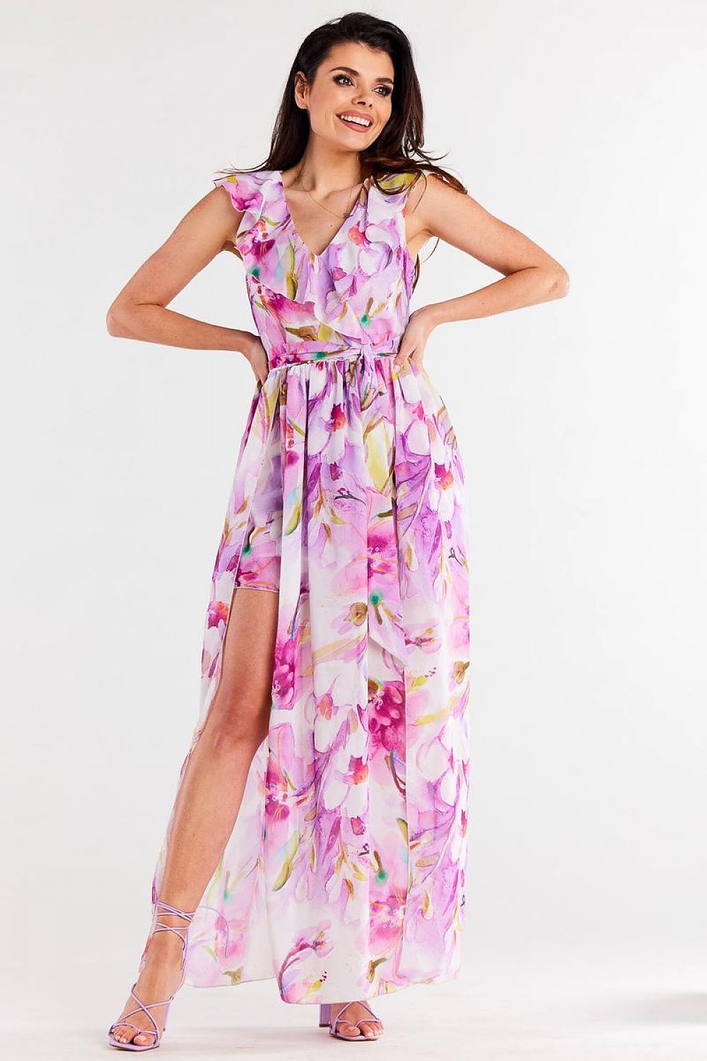 Awama Chiffon Daydress with Envelope Ruffle and Asymmetrical Slit Design