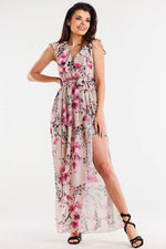 Awama Chiffon Daydress with Envelope Ruffle and Asymmetrical Slit Design