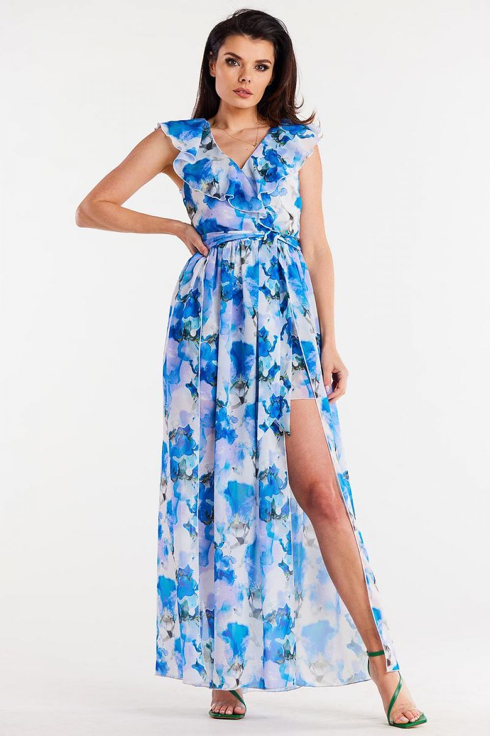Awama Chiffon Daydress with Envelope Ruffle and Asymmetrical Slit Design blue