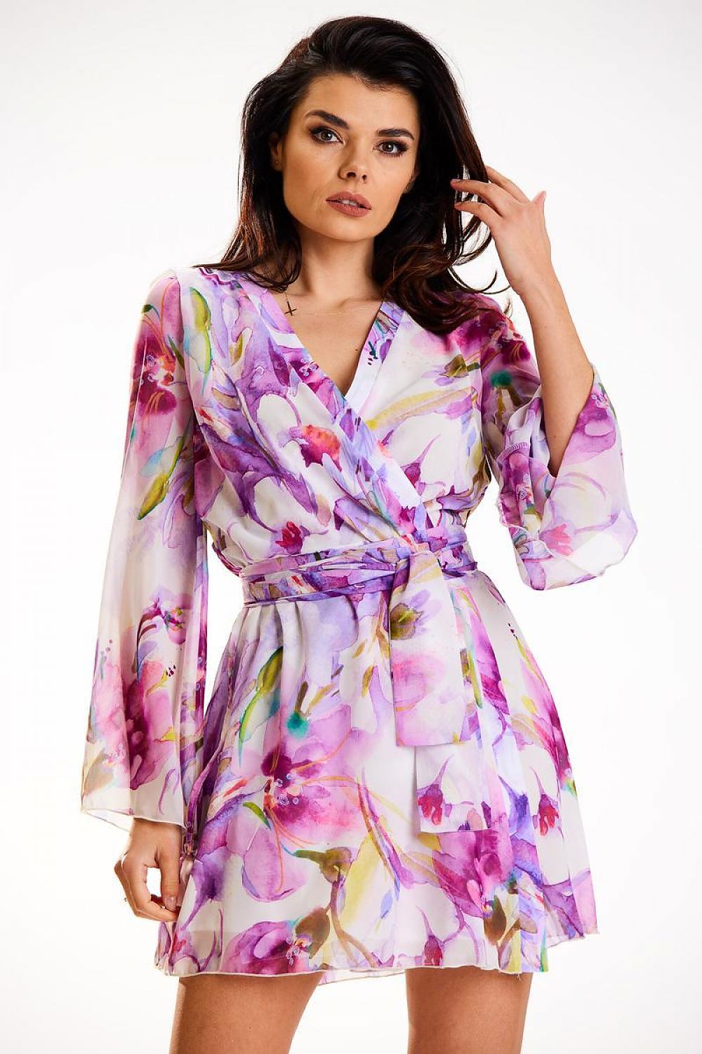 Awama Chiffon Kimono Daydress with Elastic Lining and Adjustable Belt violet