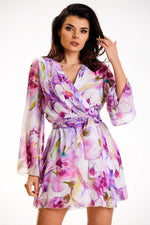 Awama Chiffon Kimono Daydress with Elastic Lining and Adjustable Belt violet