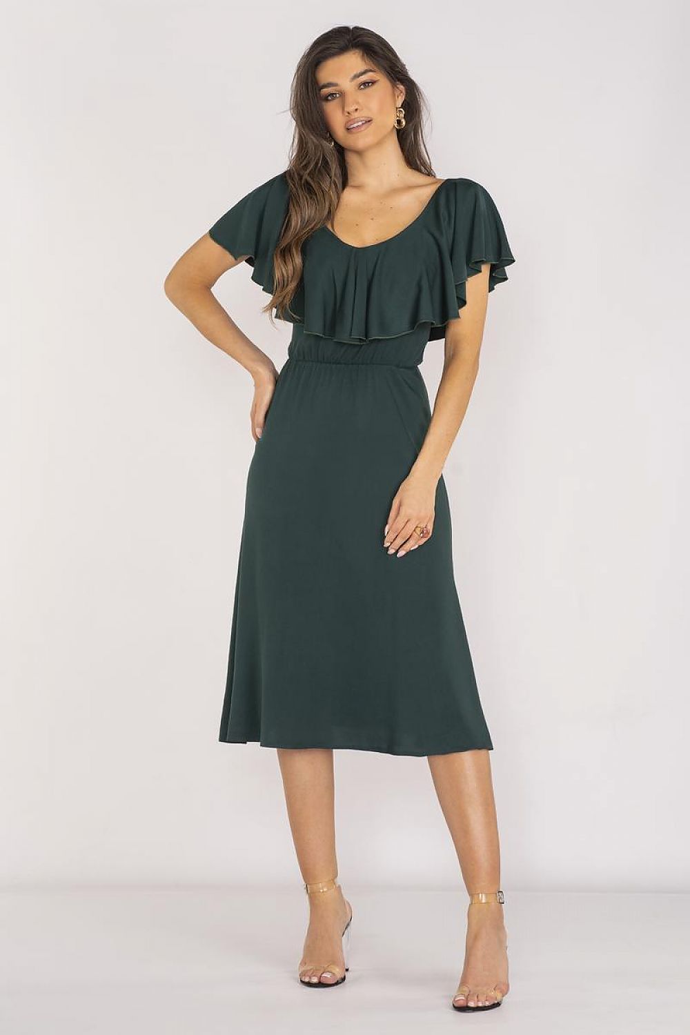 Awama Elegant Midi Daydress with Ruffled Neckline green