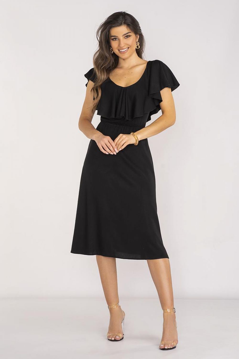Awama Elegant Midi Daydress with Ruffled Neckline black