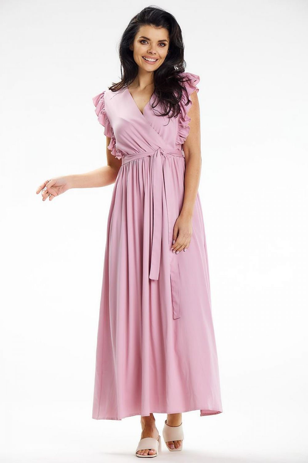 Awama Maxi Daydress with Envelope Neckline and Ruffled Shoulders