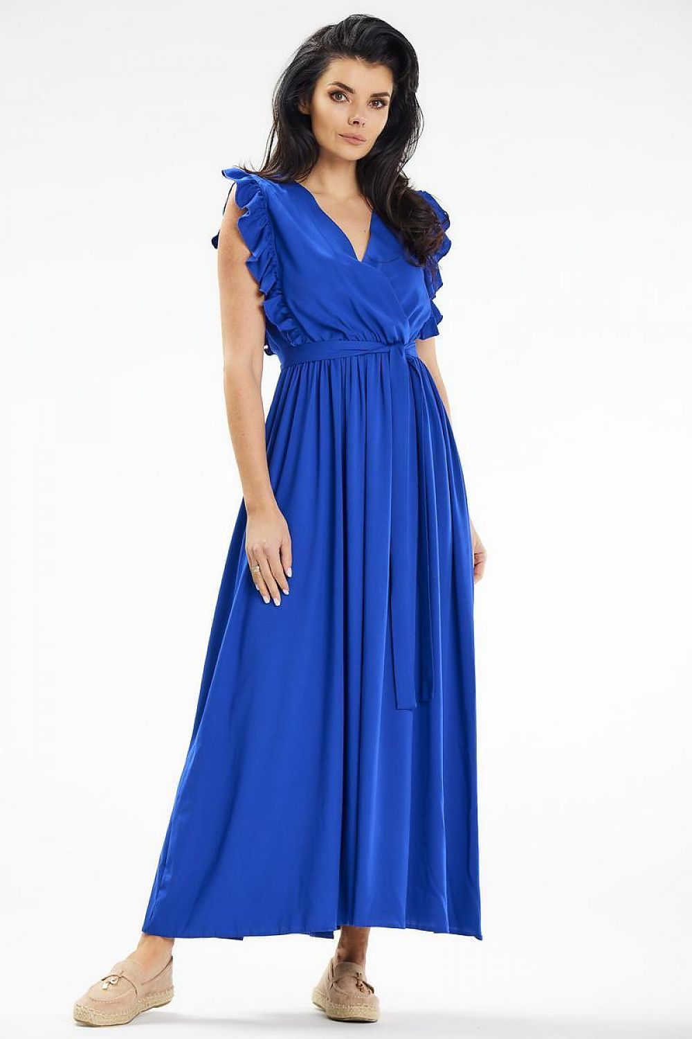 Awama Maxi Daydress with Envelope Neckline and Ruffled Shoulders blue