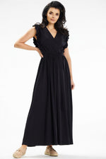 Awama Maxi Daydress with Envelope Neckline and Ruffled Shoulders black