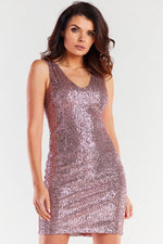 Awama Short Fitted V-Neck Sparkly Evening Dress pink