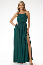 Awama Velour Sequin Evening Maxi Dress with Delicate Straps green
