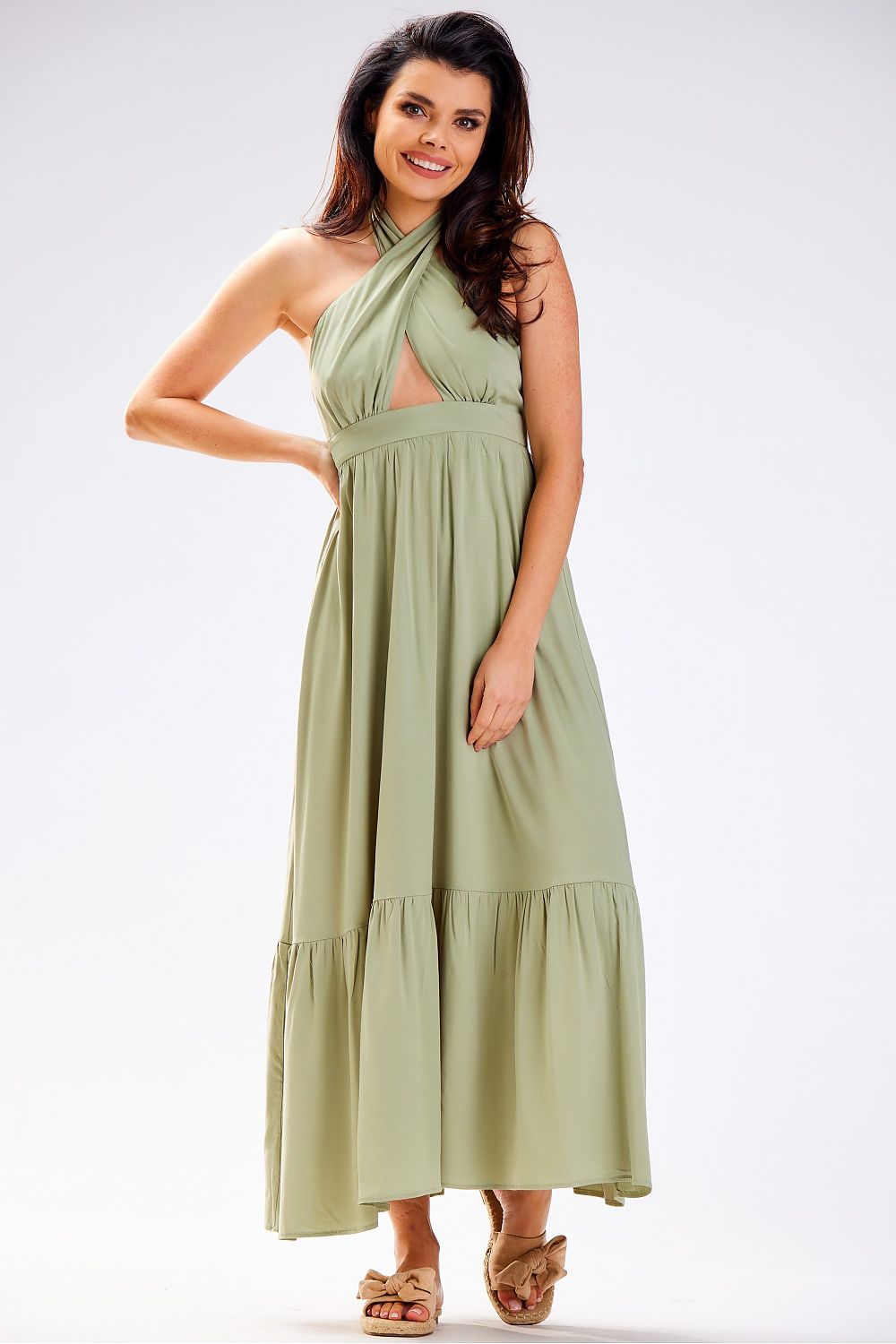 Awama Viscose Tie-Neck Long Daydress with Frilled Hem green
