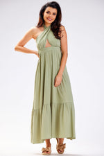 Awama Viscose Tie-Neck Long Daydress with Frilled Hem green