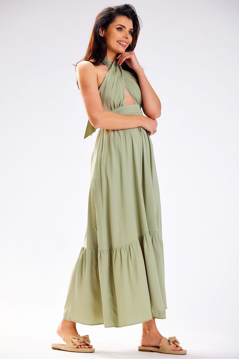 Awama Viscose Tie-Neck Long Daydress with Frilled Hem