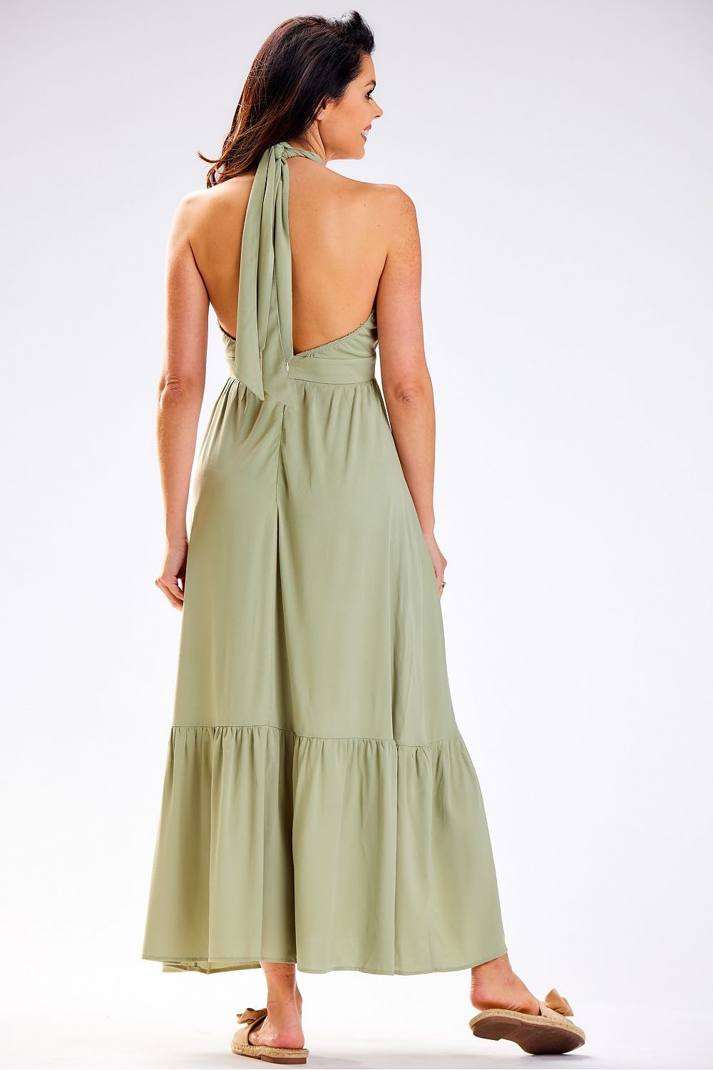 Awama Viscose Tie-Neck Long Daydress with Frilled Hem