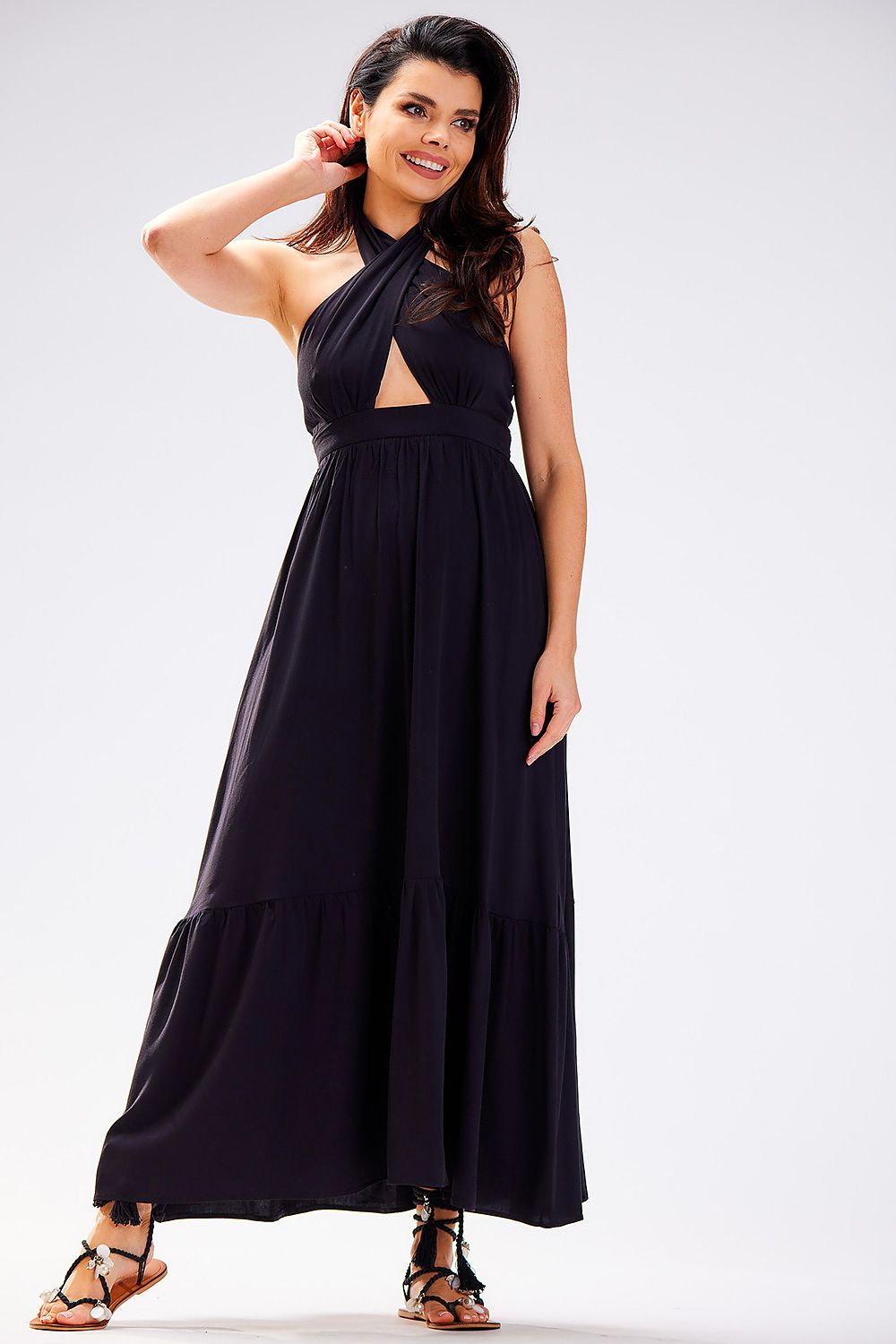 Awama Viscose Tie-Neck Long Daydress with Frilled Hem black