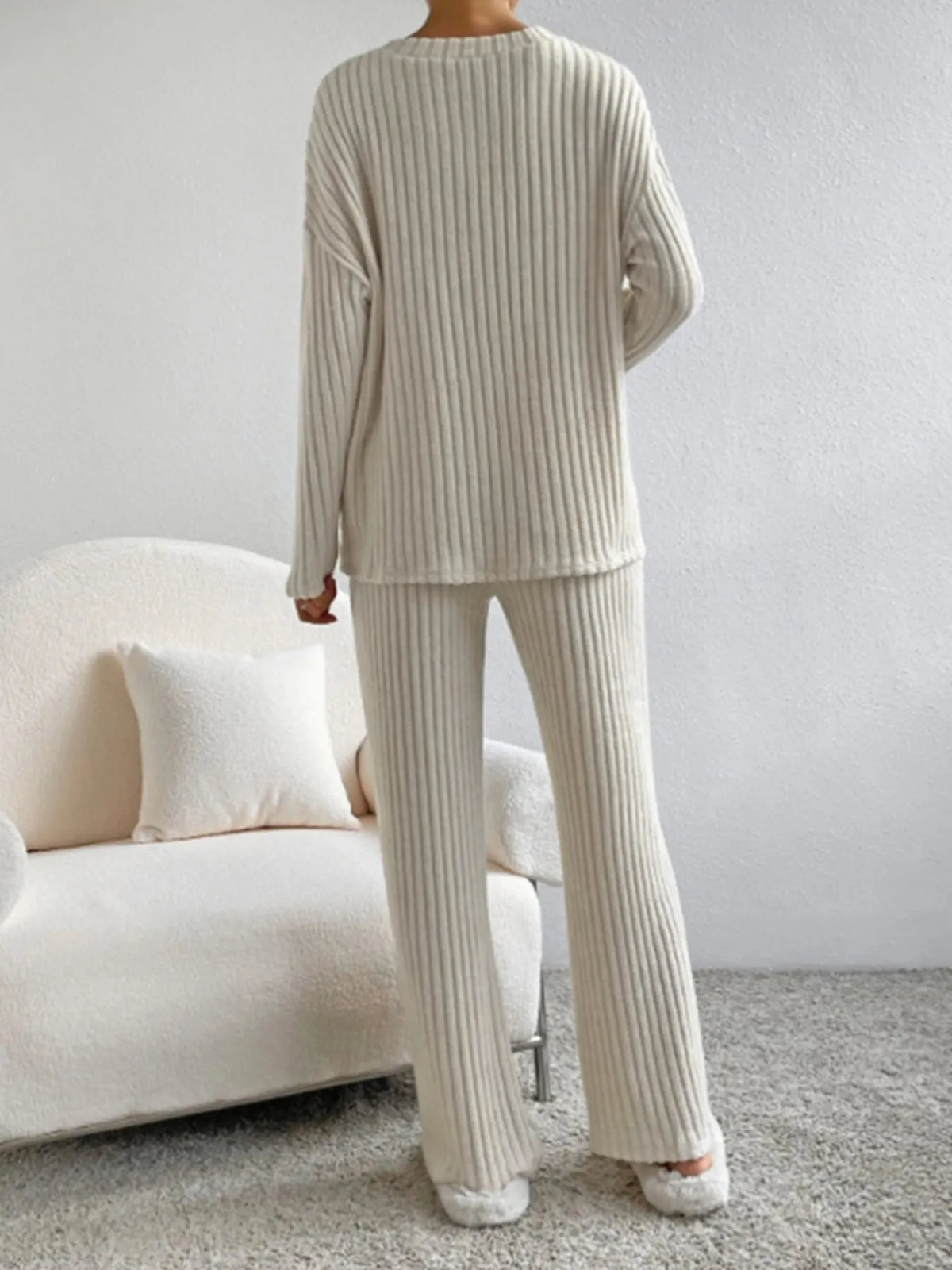 Ribbed Knit V-Neck Top and Pants Loungewear Set