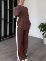 Full Size Contrast Round Neck Top and Pants Loungewear Set Dark Brown