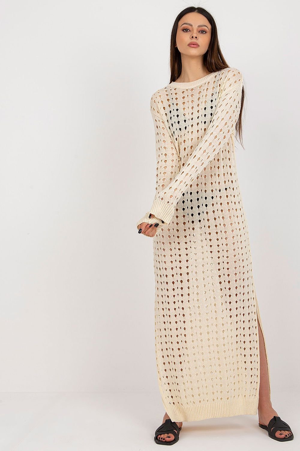 Badu Openwork Long Knit Long-Sleeve Beach Dress with Side Slits beige one-size-fits-all