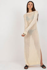 Badu Openwork Long Knit Long-Sleeve Beach Dress with Side Slits beige one-size-fits-all
